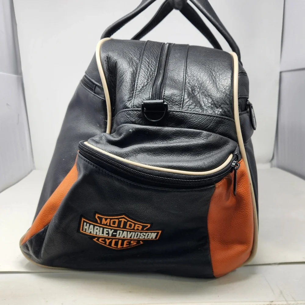 Harley-Davidson Black Leather Duffle Bag Orange Trim Biker Travel Weekend Bag
